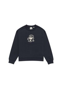 Navyblauwe katoenen sweatshirt met een ronde hals, ribgebreide manchetten en een witte afbeelding van een hand op de voorkant. Eenvoudig en onopgesmukt ontwerp.