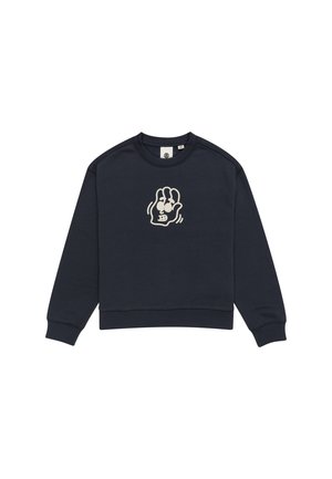 Sweatshirt en coton bleu marine avec col rond, poignets côtelés et un graphique blanc représentant une main sur le devant. Design simple et sans ornements.