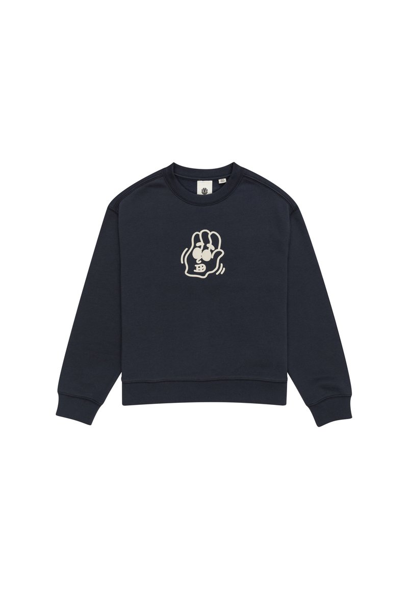 Navyblauwe katoenen sweatshirt met een ronde hals, ribgebreide manchetten en een witte afbeelding van een hand op de voorkant. Eenvoudig en onopgesmukt ontwerp.