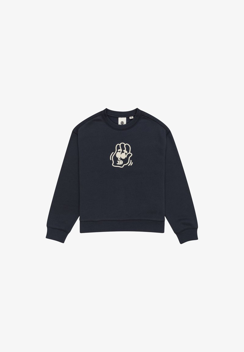 Sudadera de algodón azul marino con cuello redondo, puños acanalados y un gráfico blanco de una mano en la parte frontal. Diseño simple y sin adornos.
