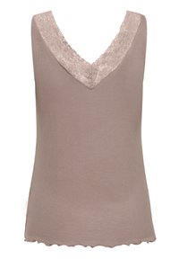 Débardeur beige clair avec un col en V et une bordure en dentelle. Texture côtelée et ourlet à festons. Design simple, idéal pour le superposition.