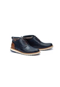 Blue leather ankle boots with a brown accent, featuring a textured upper, round toe, and light-colored rubber sole. Lace-up design.