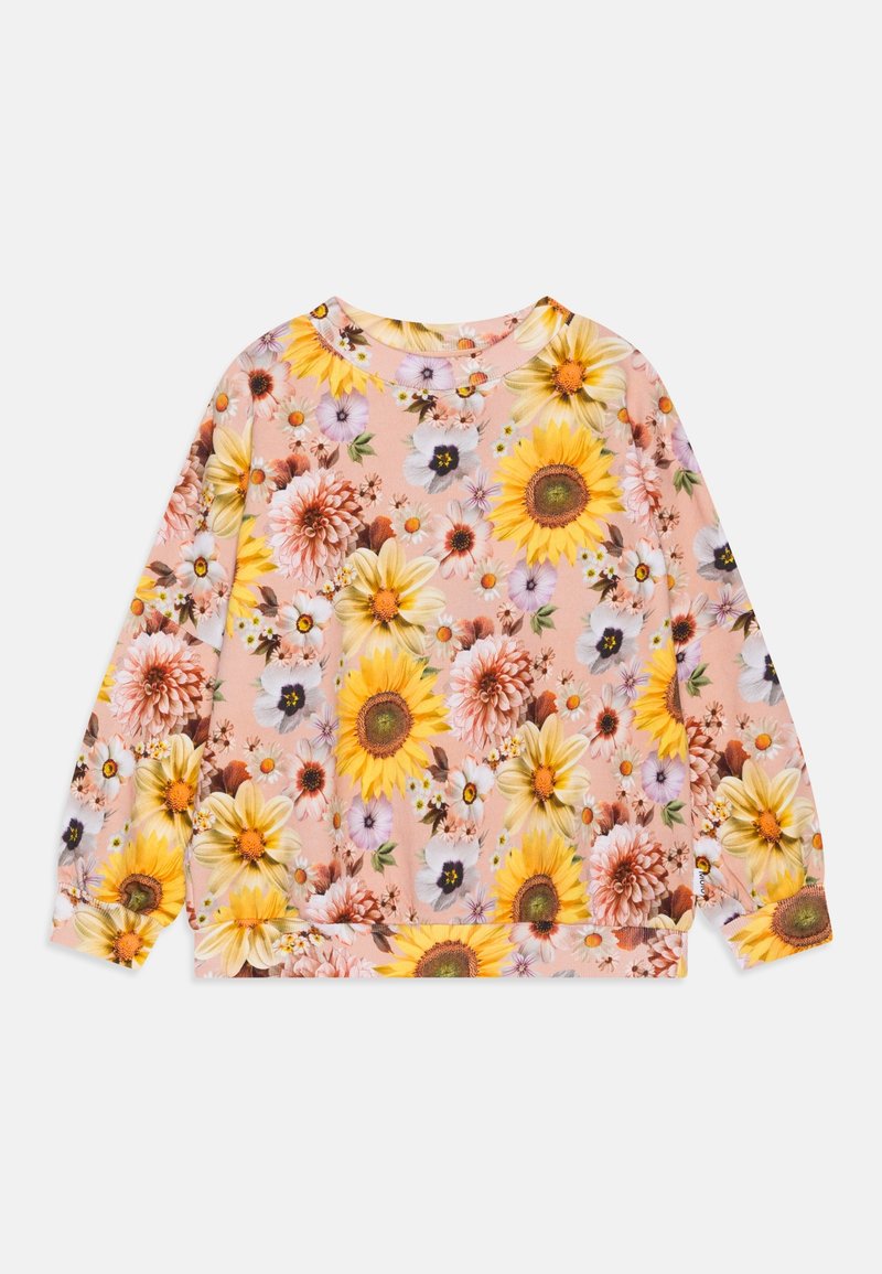 Sweat-shirt rose à manches longues avec un motif de grandes fleurs de tournesol, de marguerites et d'autres fleurs variées aux tons jaunes, blancs et violets.