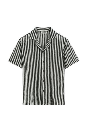 Chemise à manches courtes avec boutons, rayures verticales noires et blanches et col pointu de Frilivin.