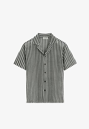 Chemise à manches courtes avec boutons, rayures verticales noires et blanches et col pointu de Frilivin.