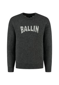 Grijze gebreide trui met een ronde hals, voorzien van een fuzzy witte tekst "BALLIN" over de borst. Standaard pasvorm met geribbelde mouwen en onderkant.