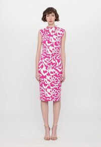 Fitted pink dress with a high neckline and short sleeves, featuring a white abstract pattern. The fabric has a smooth texture.