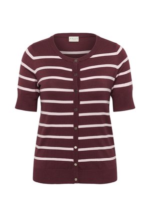 Bordo lühikeste varrukatega kardigan valgete horisontaalsete triipudega, ümar kaelus ja esikinnis hõbedaste nuppudega. Pehme tekstuur.