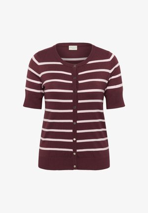 Cardigan bordeaux à manches courtes avec rayures horizontales blanches, encolure ronde et fermeture boutonnée à l'avant avec des boutons de couleur argentée. Texture douce.