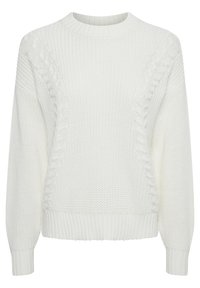 Biały sweter z dzianiny z okrągłym dekoltem, długimi rękawami i teksturowanymi wzorami w warkocze na bokach. Ribrowane mankiety i dół.