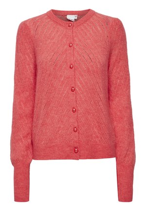 Korálový pletený cardigan s texturovaným zigzag vzorem, kulatým výstřihem a šesti velkými perlovými knoflíky vpředu. Dlouhé rukávy.