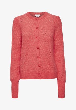 Koralle gestrickte Cardigan mit einem strukturierten Zickzackmuster, rundem Ausschnitt und sechs großen perlenartigen Knöpfen auf der Vorderseite. Lange Ärmel.