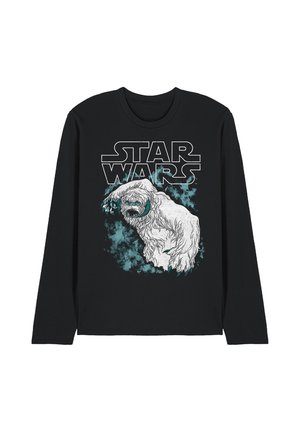 Schwarzes Langarmshirt mit weißem und türkisfarbenem Star Wars-Logo und einer Illustration eines weißen Wampa-Wesens mit scharfen Krallen und Zähnen.
