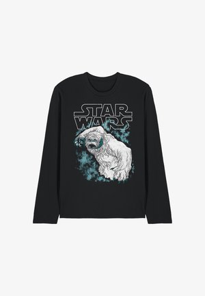 Schwarzes Langarmshirt mit weißem und türkisfarbenem Star Wars-Logo und einer Illustration eines weißen Wampa-Wesens mit scharfen Krallen und Zähnen.
