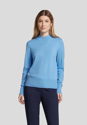 Himmelblauer Pullover aus weichem Strickmaterial. Hat einen gerippten hohen Kragen, lange Ärmel und einen gerippten Saum. Wird mit dunklen Hosen getragen.