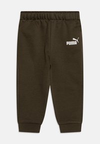 Pantaloni sportivi verde scuro con vita elastica, polsini affusolati e logo Puma bianco sul lato sinistro. Tessuto morbido con una consistenza liscia.