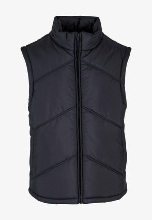 Black padded sleeveless vest, high collar, front zip closure, diagonal stitching patterns, textured fabric, lightweight design.