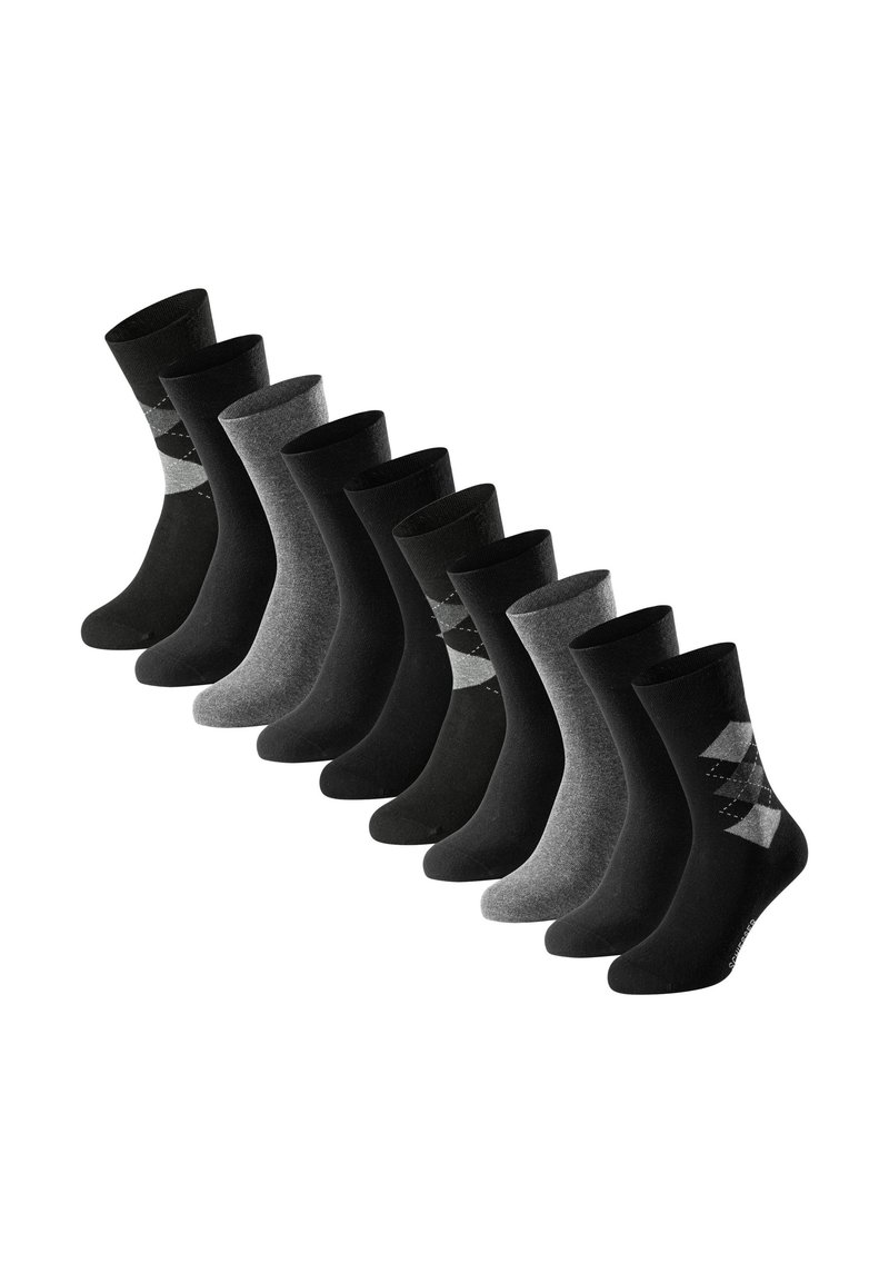 Ti par sokker i varierende nuancer af sort og grå. Inkluderer ensfarvede og et mønstrede par med diamanter og striber. Materiale af bomuldsblanding.