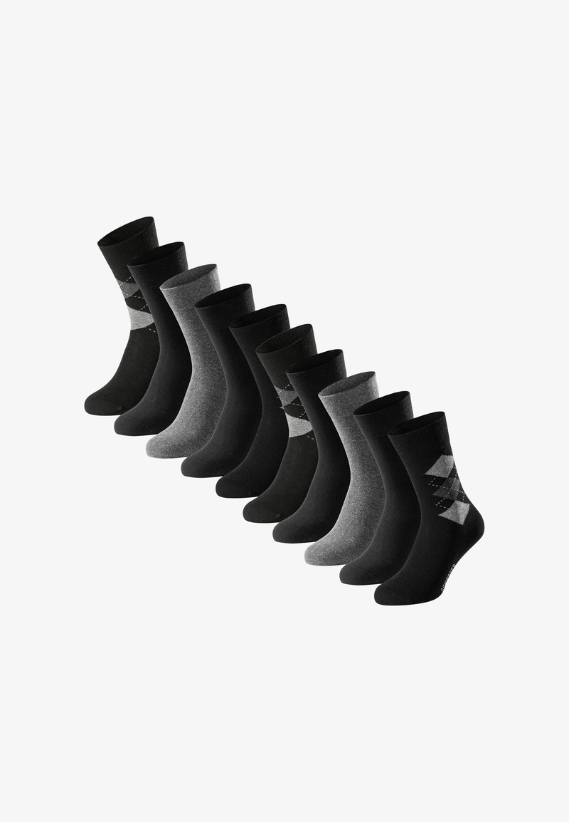 Dieci paia di calze in diverse tonalità di nero e grigio. Includono colori solidi e un paio con una fantasia di diamanti e strisce. Materiale in misto cotone.