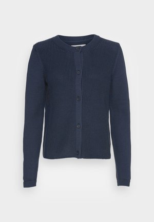 Cardigan blu navy con un motivo a maglia strutturata, caratterizzato da maniche lunghe, scollo rotondo e sei bottoni sul davanti.