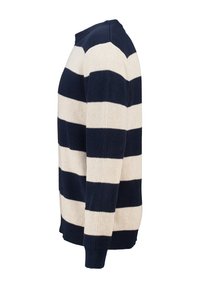 Maglione a righe navy e crema con texture a coste, scollo rotondo e maniche lunghe. Presenta righe orizzontali larghe alternate.