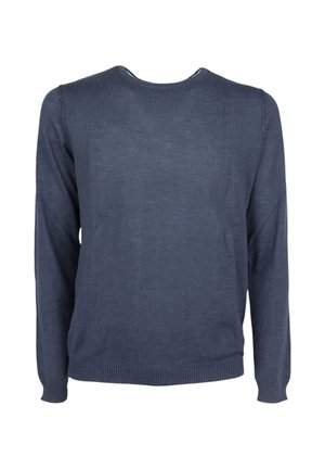 Maglione blu navy a maniche lunghe con collo a girocollo e polsini e orlo a coste, mostrato su uno sfondo bianco semplice.