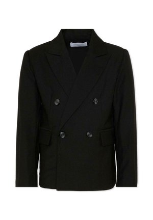 Blazer nero doppiopetto con rever a lancia, quattro bottoni, maniche lunghe e due tasche anteriori con pattina, mostrato su sfondo bianco.