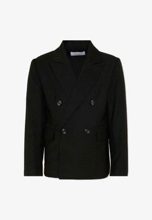 Blazer noir croisé avec revers crantés, quatre boutons, manches longues et deux poches à rabat à l'avant, présenté sur fond blanc.