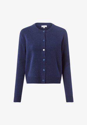 Marineblauwe cardigan, wolmix, ronde halslijn, lange mouwen, achterkant knoopsluiting met contrasterende blauwe en witte knopen, geribbelde zoom.