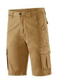 Pantaloni cargo color sabbia realizzati in cotone, con diversi taschini laterali, una tasca con zip e chiusura a bottone in vita.