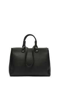 Black leather handbag with a structured shape, dual rounded handles, and stitched accents. Features a smooth texture with subtle grain.