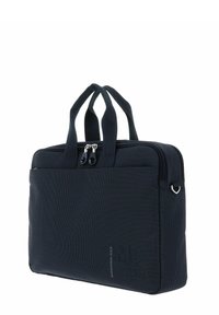 Sacoche d'ordinateur portable bleu foncé avec une surface texturée, deux poignées supérieures, fermeture éclair, et une poche extérieure. Design rectangulaire et compact.