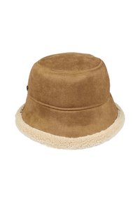 Bruin faux suède bucket hat met een witte schapenwollen rand. Afgeronde kroon met twee decoratieve naden aan de zijkant. Getextureerd oppervlak.