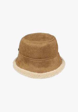 Brauner Fake-Suede-Bucket-Hut mit einem weißen Lammfellrand. Abgerundete Krone mit zwei dekorativen Nähten an der Seite. Strukturierte Oberfläche.
