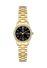 Reloj de pulsera en tono dorado con un dial negro, bisel incrustado de cristales y pulsera de metal dorado con eslabones rectangulares. Marcadores de hora sencillos.