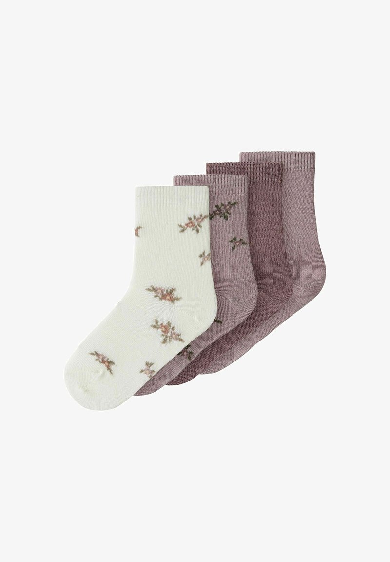 Four pairs of cotton socks: one light green with floral pattern, three solid muted purple shades, mid-calf length, ribbed cuffs.