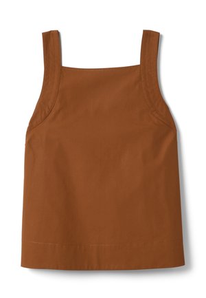 Bruine mouwloze katoenen schort met brede schouderbanden en een vierkante halslijn, ontworpen voor beschermend gebruik.