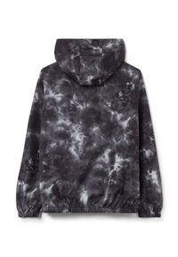 Kapuzenshirt in einem schwarzen und grauen Batikmuster, mit elastischen Bündchen und einem Kordelzugsaum. Glattes, leichtes Material.