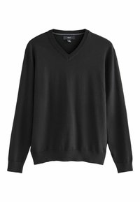 Schwarzer V-Ausschnitt-Pullover aus weichem Material, mit langen Ärmeln und gerippten Bündchen und Saum. Minimalistisches Design ohne zusätzliche Muster.