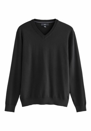 Maglione nero a scollo a V realizzato in tessuto morbido, con maniche lunghe e polsini e orlo a coste. Design minimalista senza ulteriori motivi.