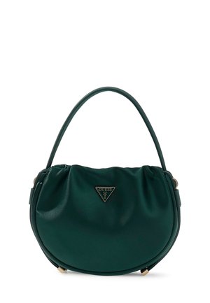 Zielona torebka z eko skóry o zaokrąglonym kształcie, z marszczonym wzorem i krótkim uchwytem; z przodu znajduje się złote trójkątne logo.