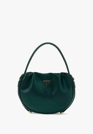 Zielona torebka z eko skóry o zaokrąglonym kształcie, z marszczonym wzorem i krótkim uchwytem; z przodu znajduje się złote trójkątne logo.