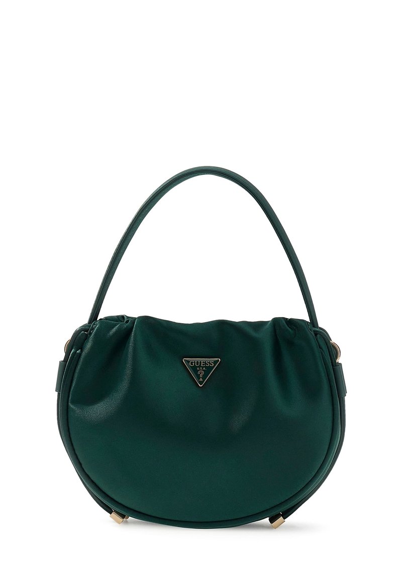 Zielona torebka z eko skóry o zaokrąglonym kształcie, z marszczonym wzorem i krótkim uchwytem; z przodu znajduje się złote trójkątne logo.