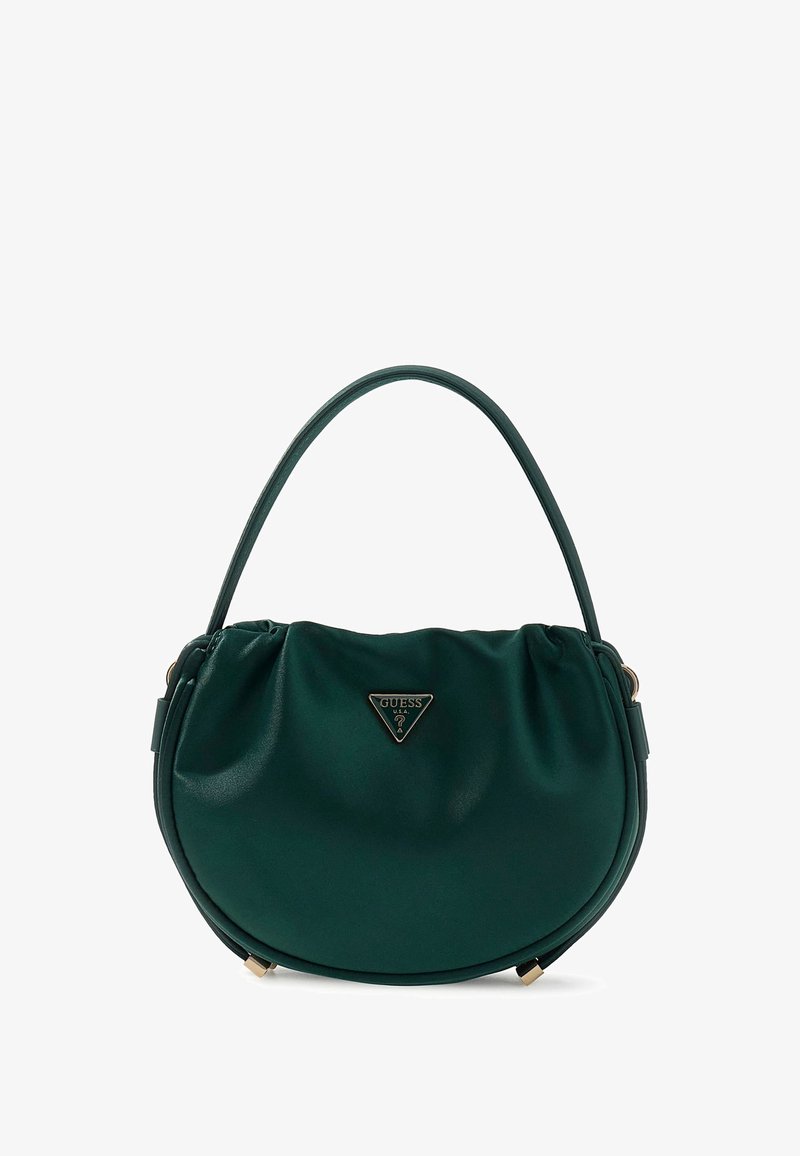 Zielona torebka z eko skóry o zaokrąglonym kształcie, z marszczonym wzorem i krótkim uchwytem; z przodu znajduje się złote trójkątne logo.