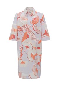 Robe violette claire jusqu'aux genoux avec des motifs floraux abstraits corail et blancs, manches courtes, et un col avec une ouverture partielle à l'avant.