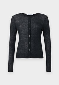 Črn, dolgi rokavi, jopič s gumbi in okroglo ovratnikom, narejen iz tankega pletenega materiala, prikazan na enobarvni podlagi.