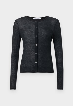 Cárdigan negro de manga larga, con botones y cuello redondo, de textura de tejido fino, exhibido sobre un fondo liso.