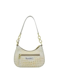 Krokodillenleer-textuur handtas in crème met een goudkleurige rits en hardware. Voorzien van een korte schouderband en een frontzak.