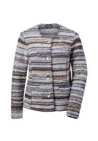 Multikleurige geweven jas met horizontale strepen in blauw, bruin en grijs, met een ronde hals, knoopsluiting en twee voorkruiden.