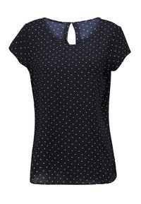 Černý top s krátkými rukávy a bílými puntíky, který má design s klíčovou dírkou na zádech a volný střih, vyrobený z lehkého a prodyšného materiálu.